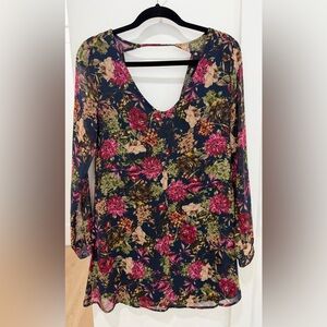 Astr Floral Mini Dress - Pink and Green on Navy